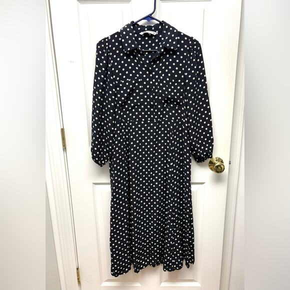 Zara Black Shirt Dress, White Polka Dots, Belt Loops, Button up, Size S - Picture 1 of 11